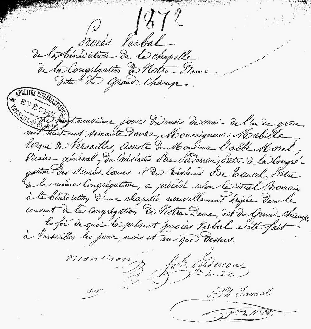[Photo] Lettre de consécration de la chapelle 1872